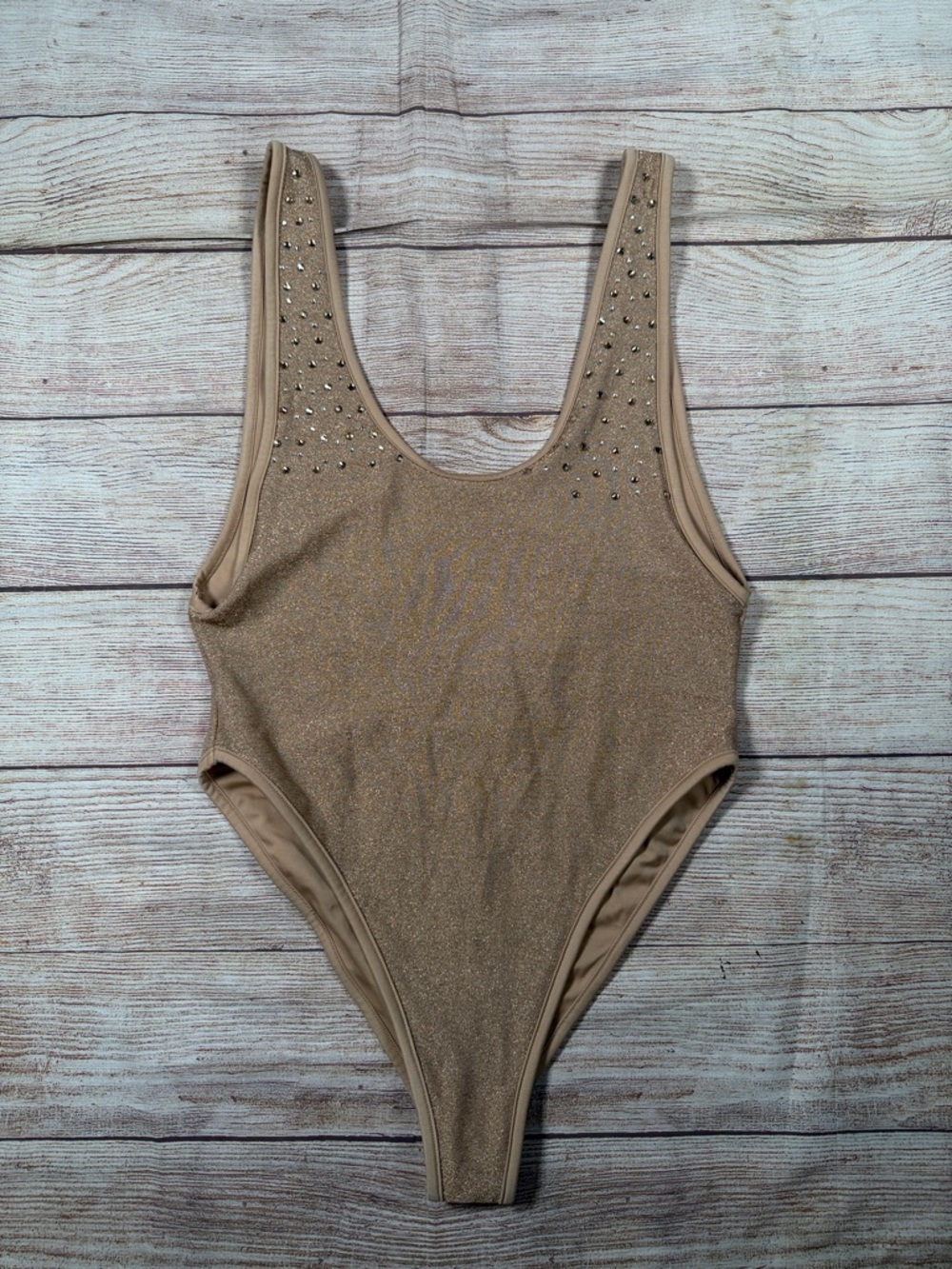 Women’s Shimmer One-Piece Swimsuit in Nude and Gold with Stud Detail